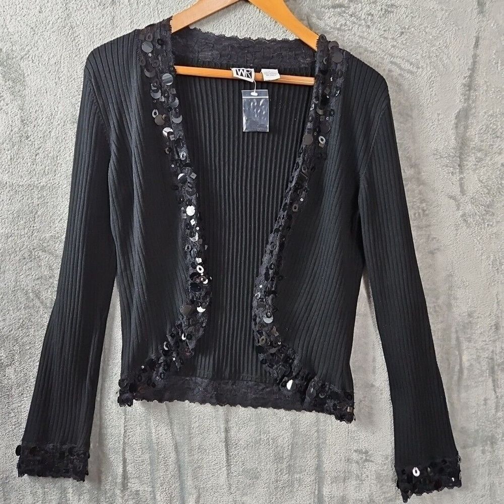 WR Women's Silk Blend Rib Black Cardigan Embellished Sz Lg NWOT
